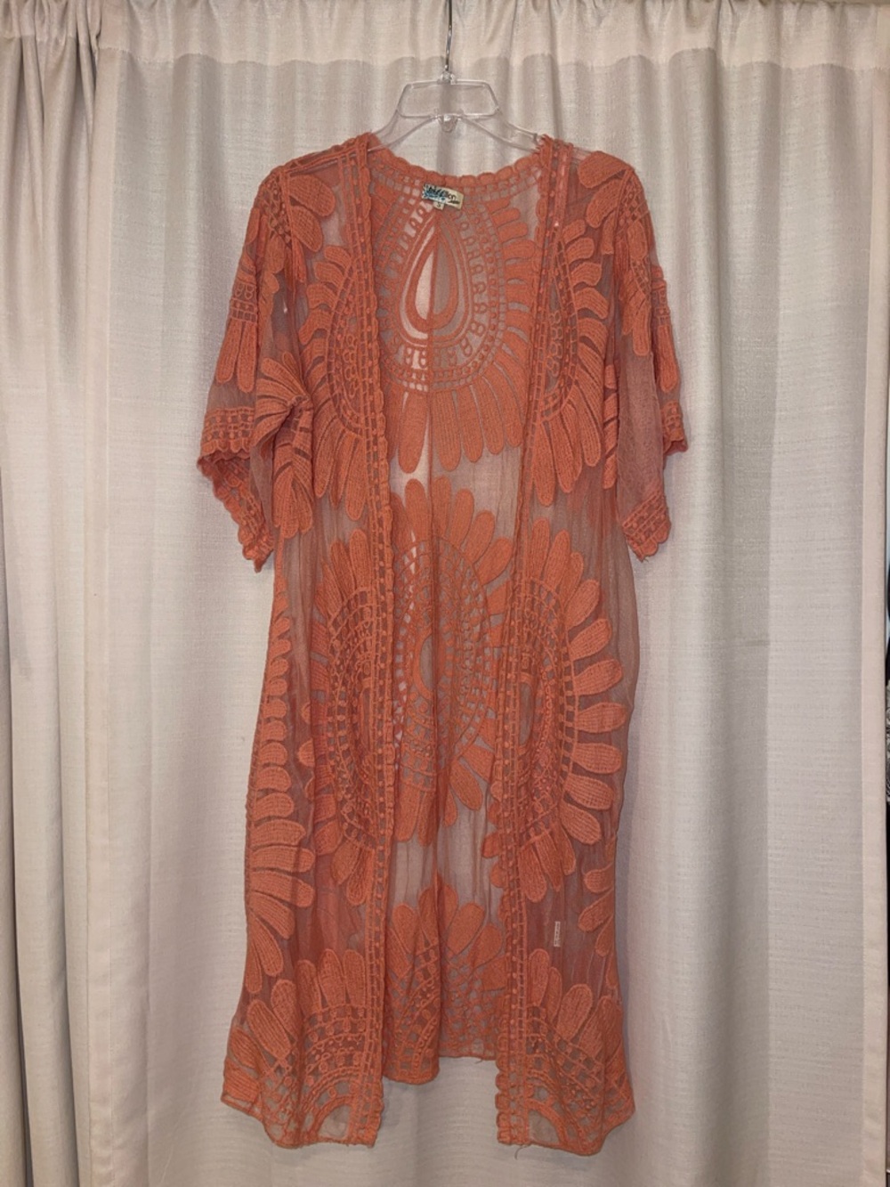 Embroidered Crochet Kimono Cover-Up in Coral